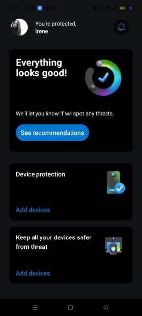 Menu utama di aplikasi Microsoft Defender