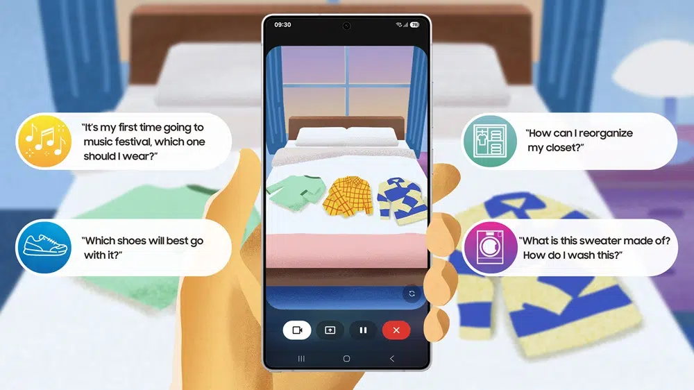 Telepon galaksi animasi dengan fitur AI yang diilustrasikan di samping