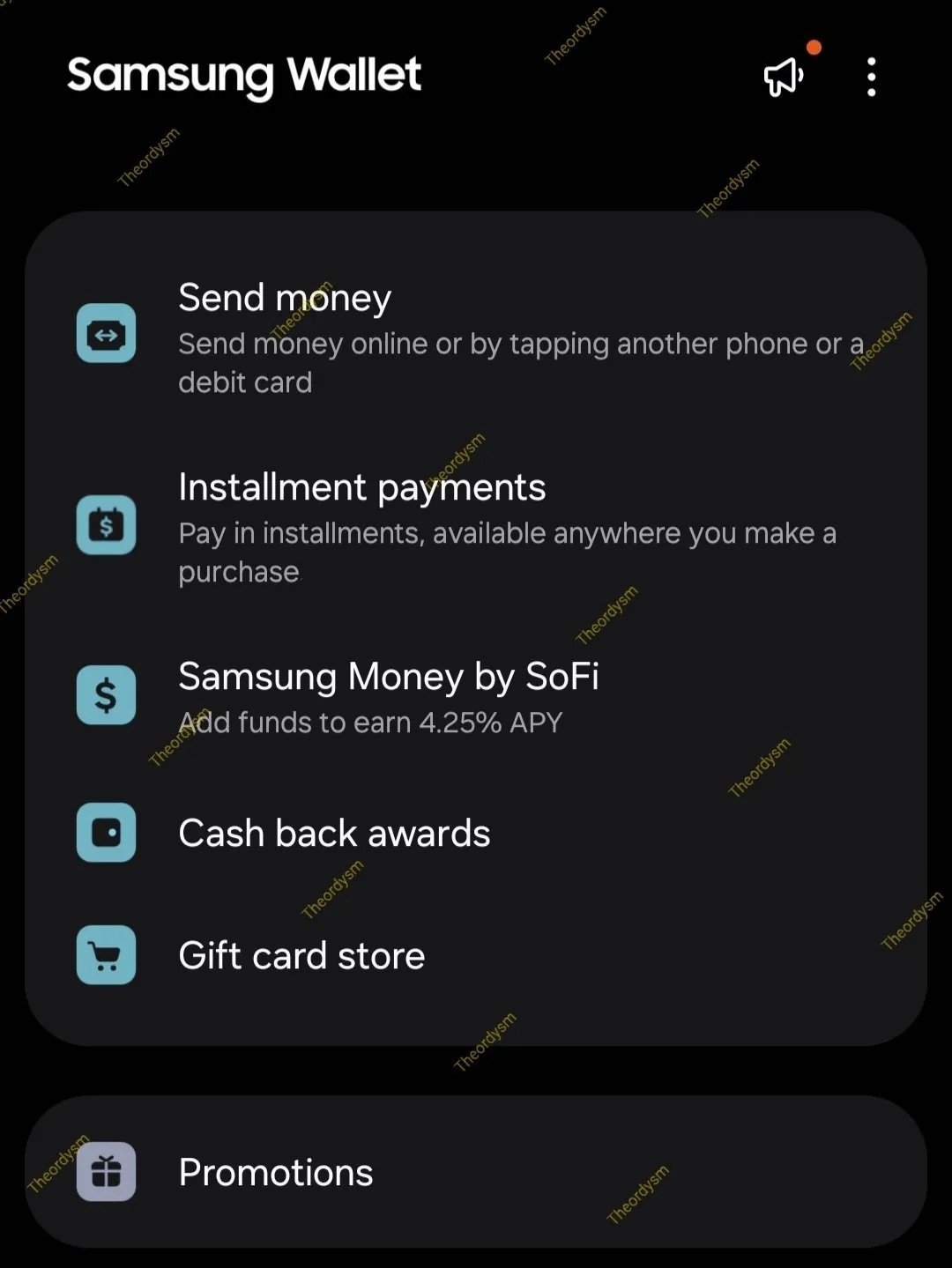 Menu yang menunjukkan opsi untuk mengirim uang dan melakukan pembayaran angsuran di dompet samsung