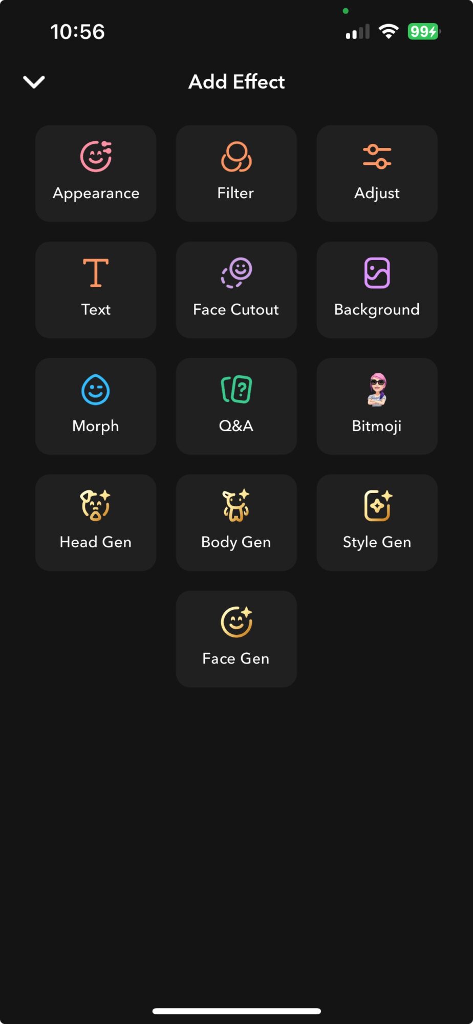 Menu aplikasi yang menunjukkan penampilan dan efek peningkatan snapchat lainnya